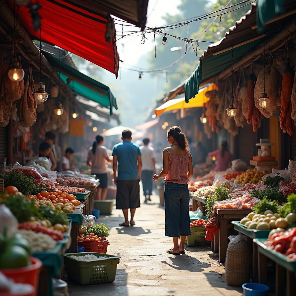 Quang cảnh chợ An Lạc Bình Tân Hồ Học Lãm nhộn nhịp, người dân mua sắm hàng hóa thiết yếu, phản ánh đời sống địa phương.